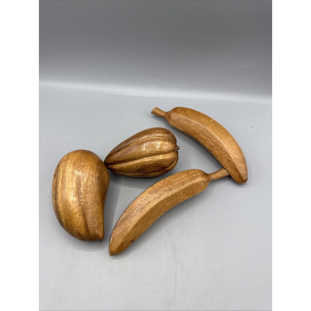 Vintage Mid Century Modern Solid Wood Hand Carved Fruit 4 Pieces Bananas MCM